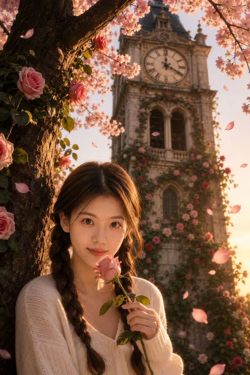 Sakura Rose Clock Tower Portrait AI image template preview