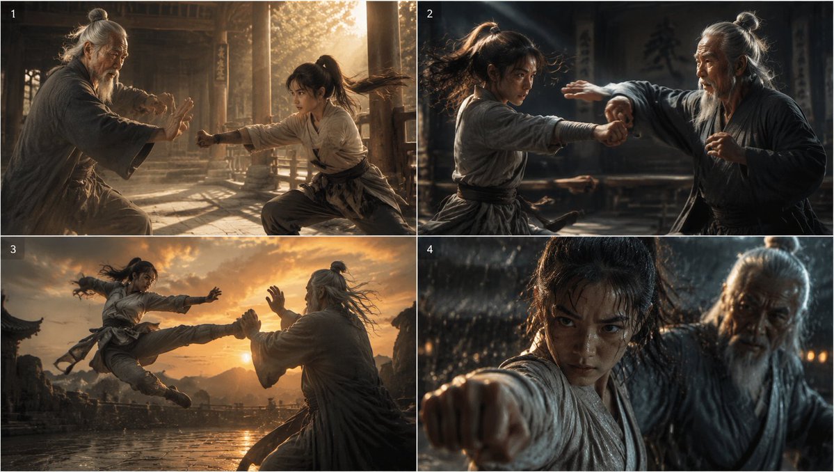 Cinematic Kung Fu Sparring Grid AI image template preview