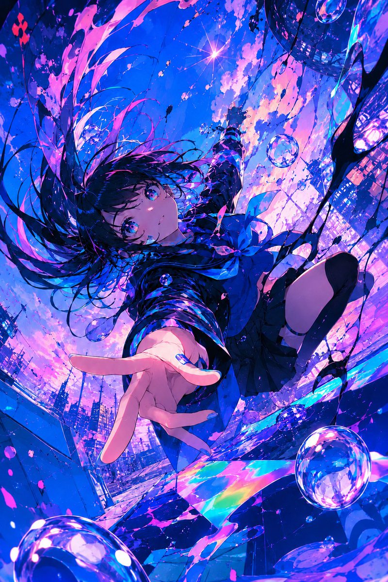 Neon Anime Girl Falling Through City Sky AI image template preview
