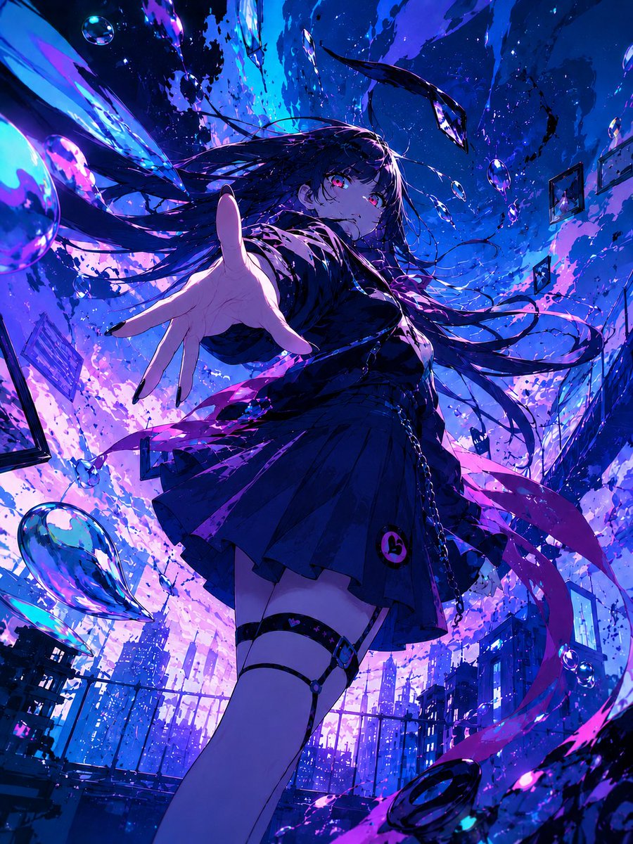Neon Gothic Anime Rooftop Girl AI image template preview