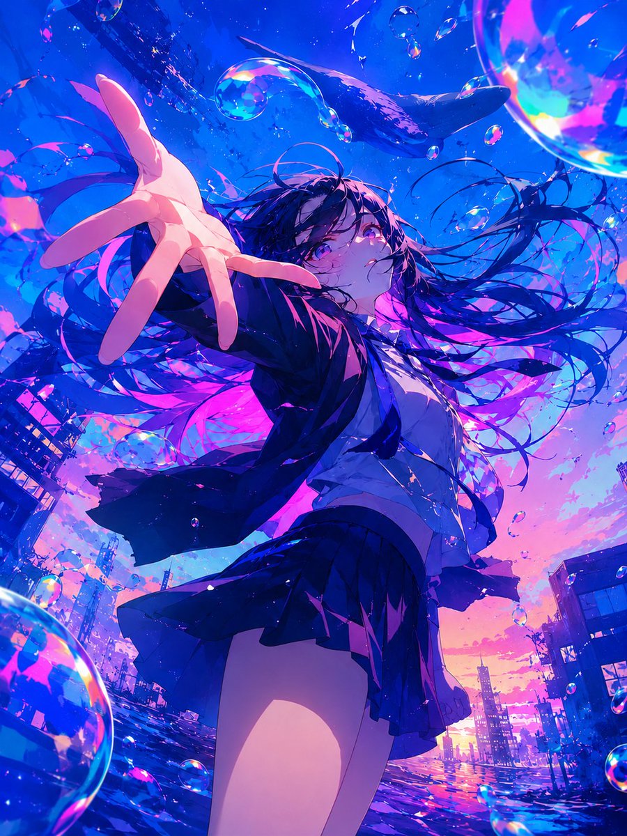 Surreal Anime Schoolgirl in Bubble Sky AI image template preview