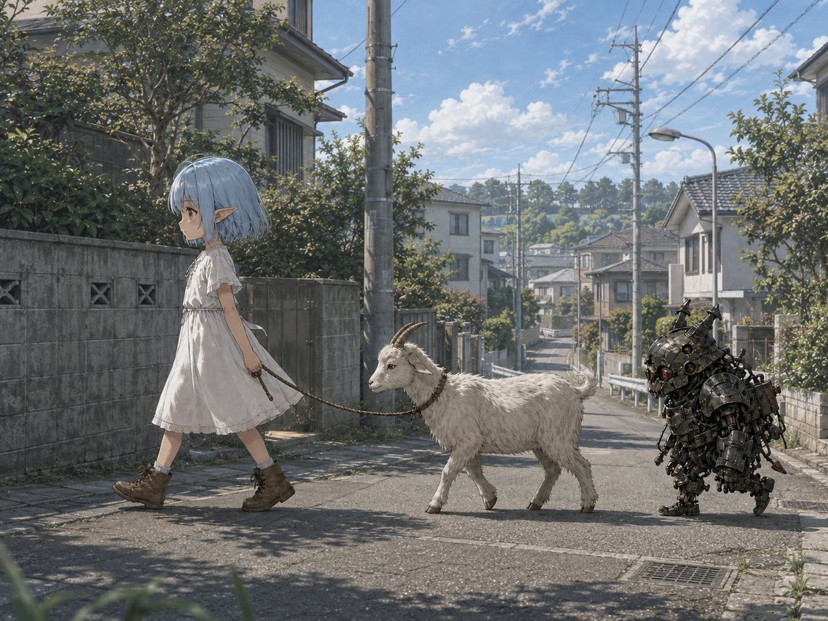 Elf Girl Walking Goat and Robot AI image template preview