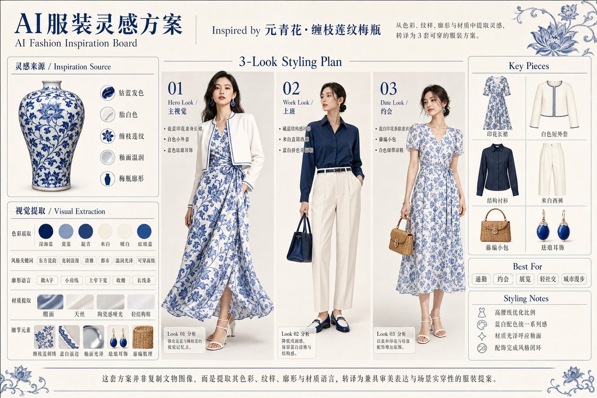 Blue Porcelain Fashion Inspiration Board AI image template preview