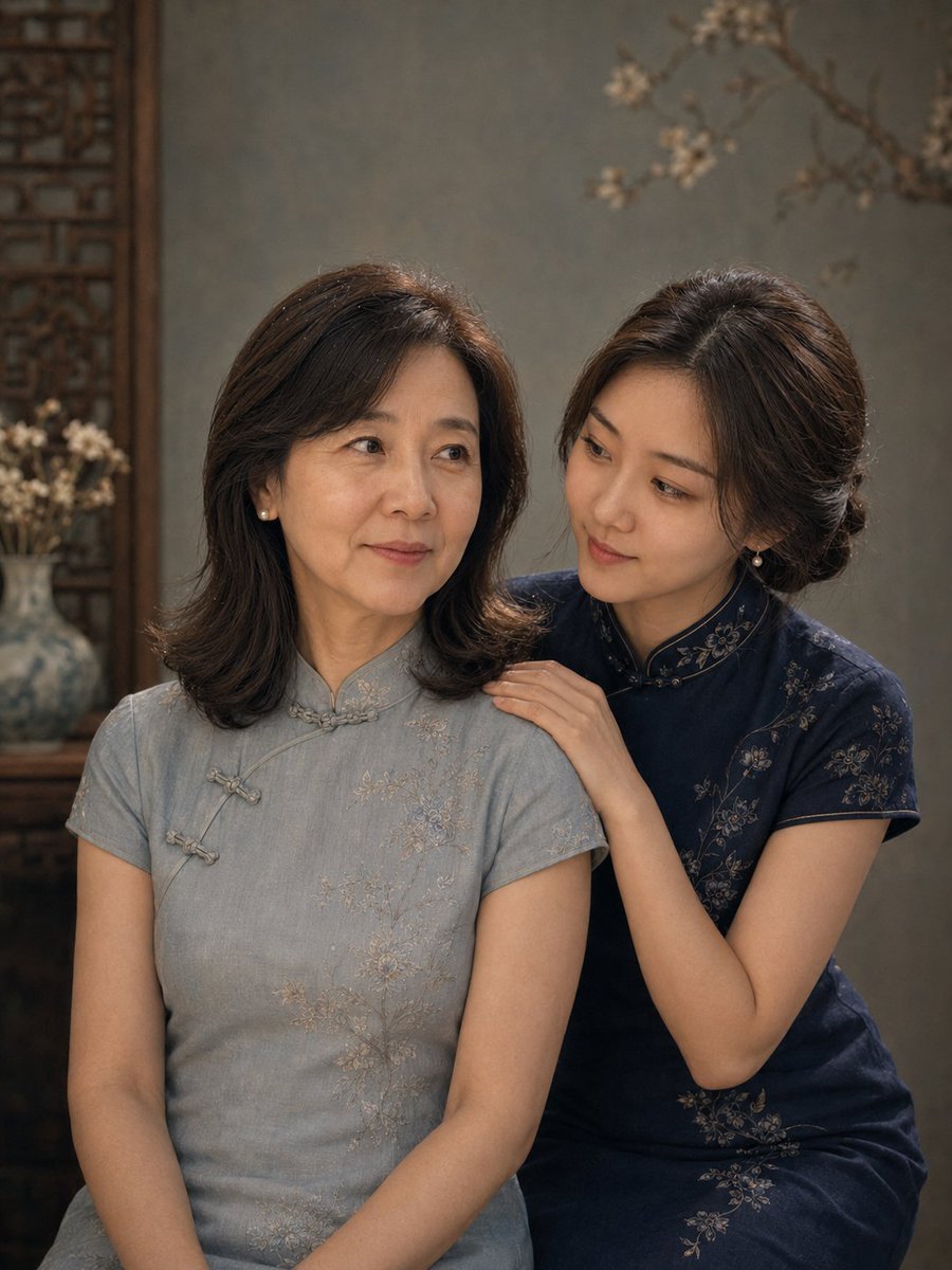 Vintage Qipao Mother and Daughter Portrait AI image template preview