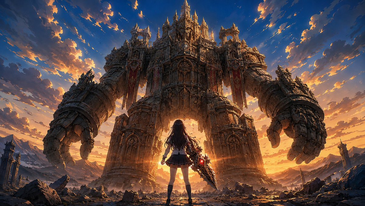 Schoolgirl Facing Cathedral Golem AI image template preview