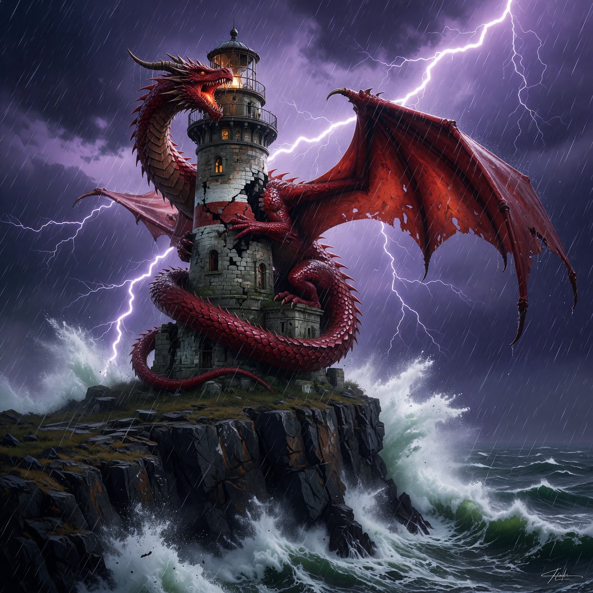 Dragon-Coiled Lighthouse Storm AI image template preview