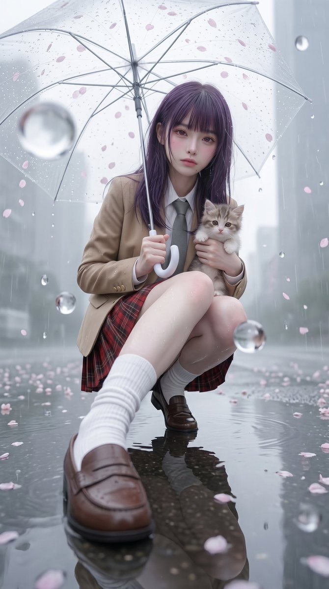 Rainy Sakura Schoolgirl Portrait AI image template preview