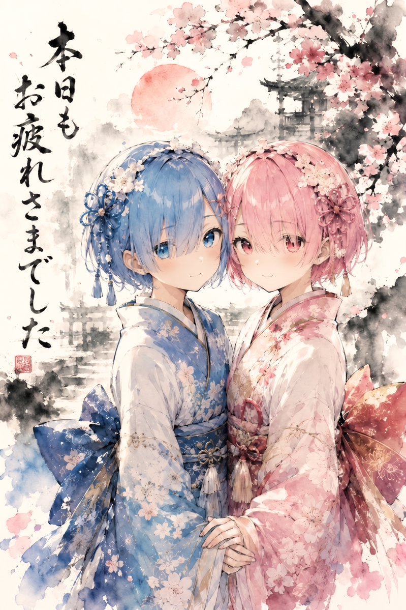 Twin Kimono Sakura Watercolor AI image template preview