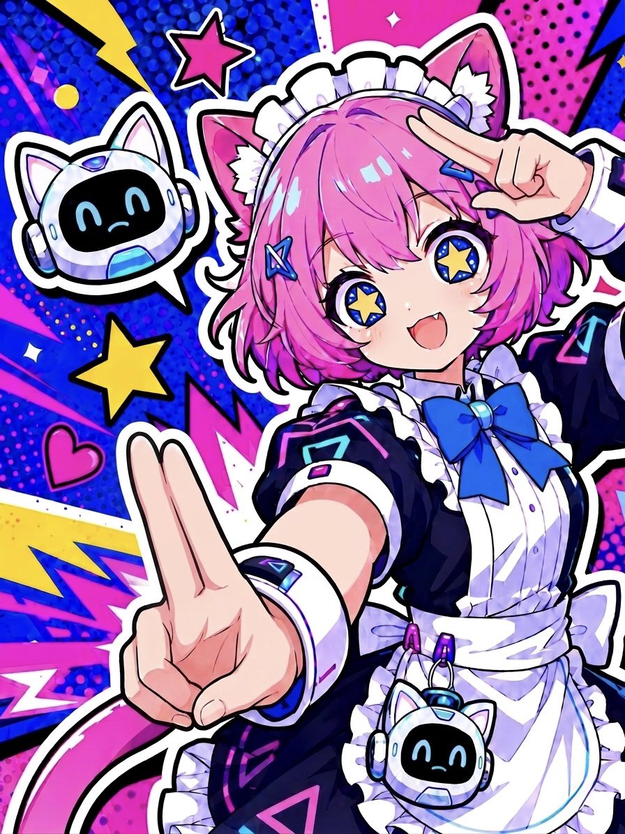 Cyber Cat Maid Peace Pose AI image template preview