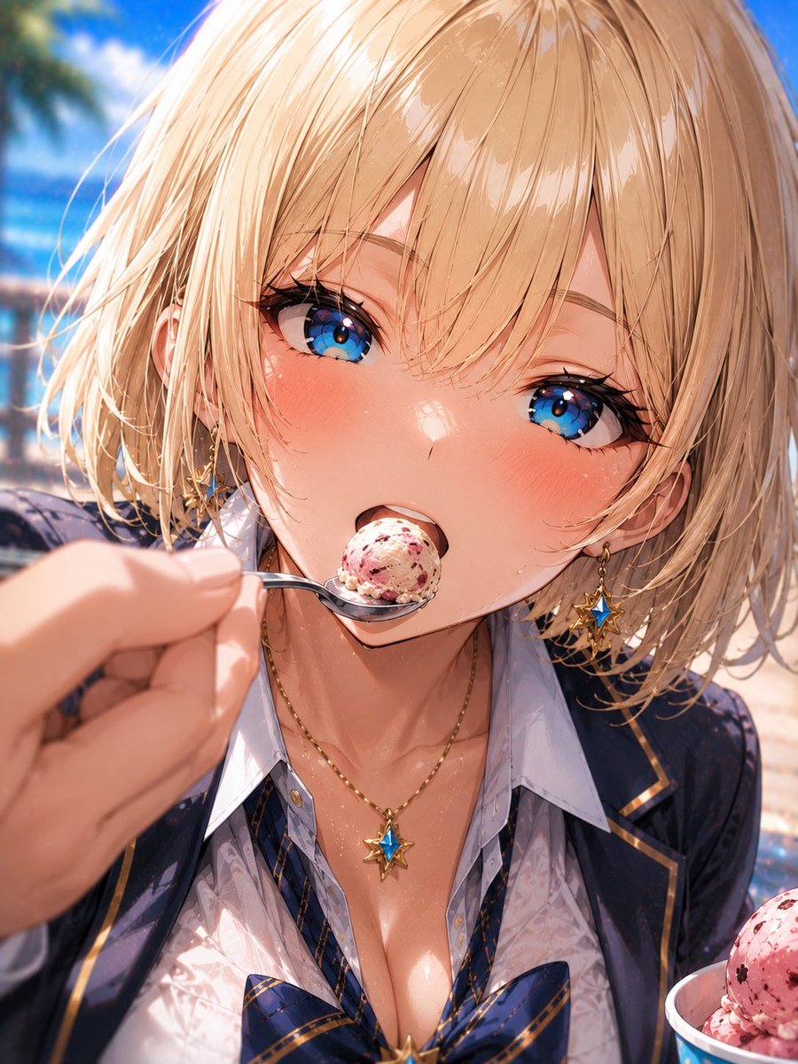 Blonde Beach Anime Girl with Ice Cream AI image template preview