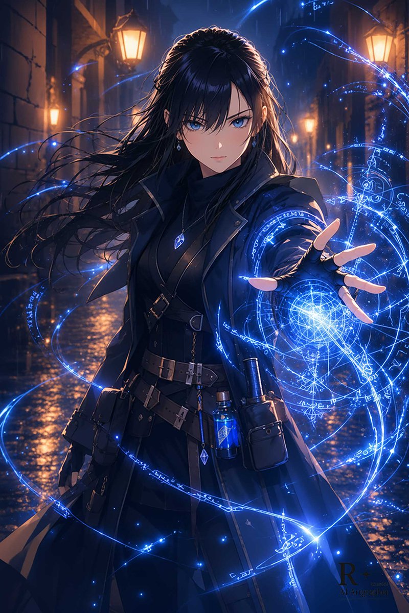 Blue Arcane Spellcaster in Rainy Alley AI image template preview