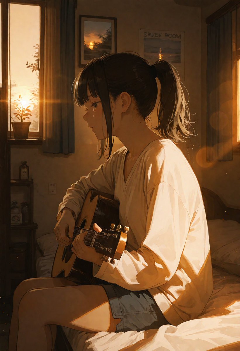 Golden Hour Guitar Bedroom Scene AI image template preview
