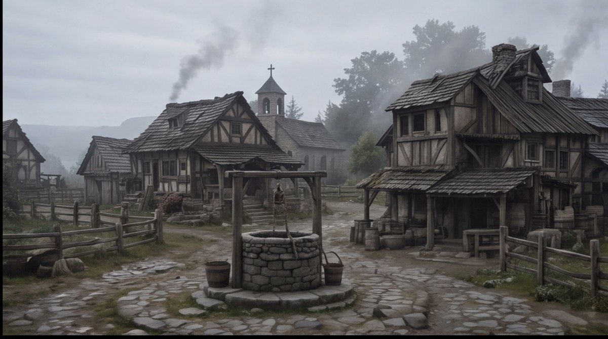 Misty Medieval Village Establishing Shot AI image template preview