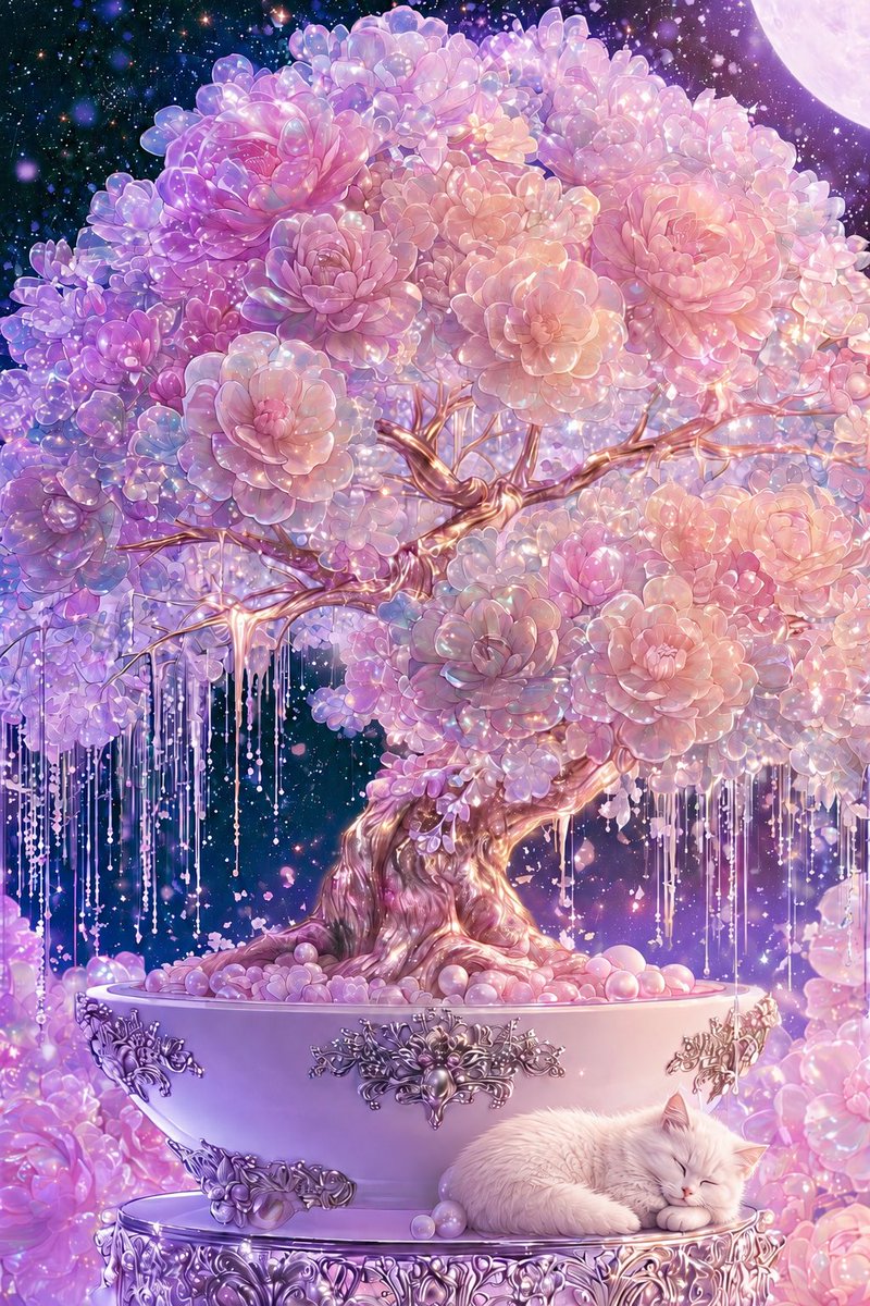 Cosmic Flowering Bonsai with Sleeping Cat AI image template preview