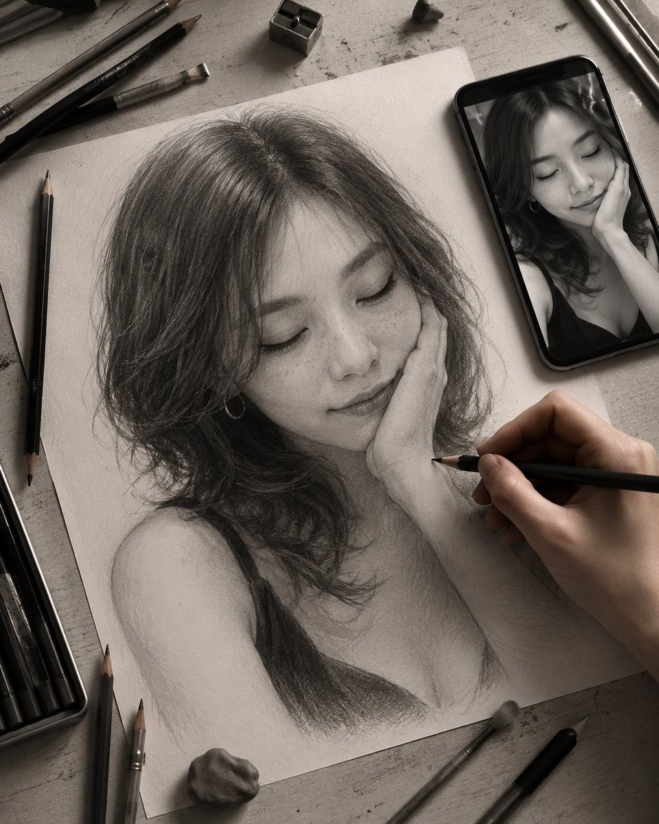 Late-Night Graphite Portrait Workspace AI image template preview