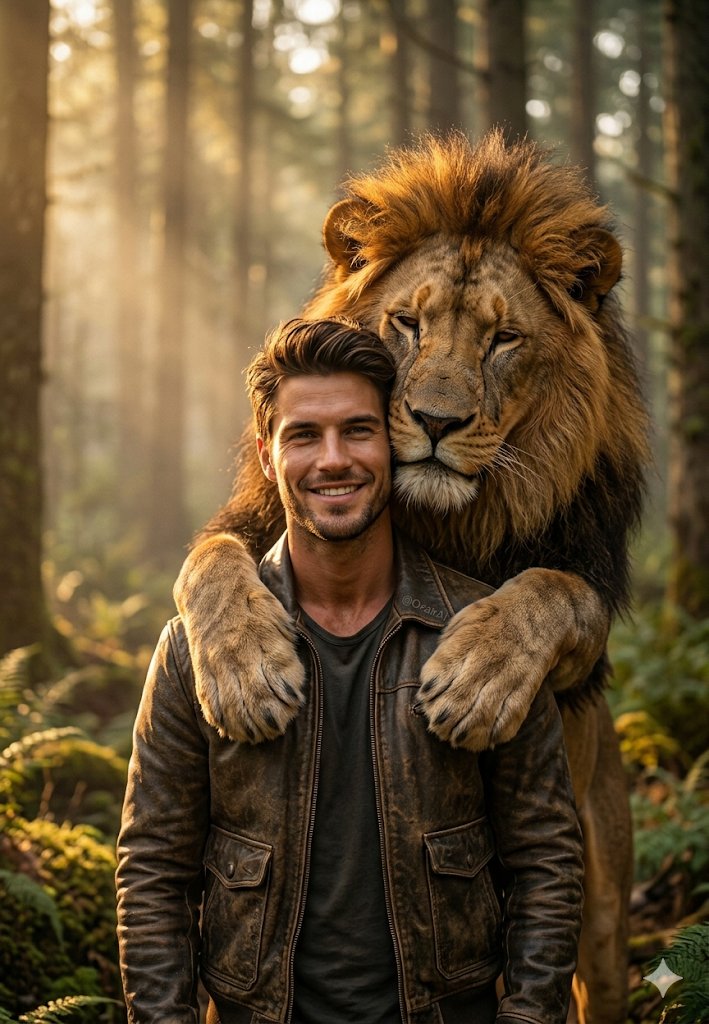 Man and Lion Forest Portrait AI image template preview
