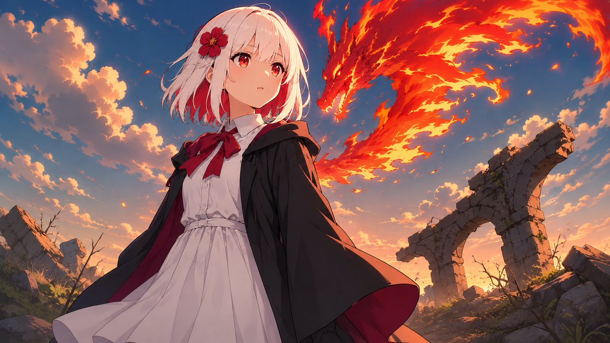 Anime Mage and Fire Dragon Ruins AI image template preview