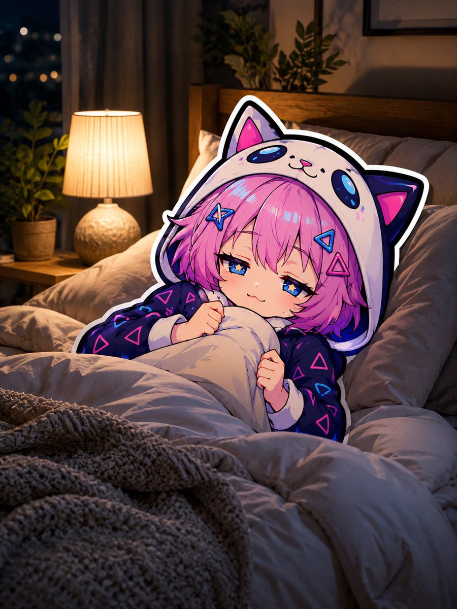 Sleepy Cat Hoodie Anime Girl in Bed AI image template preview