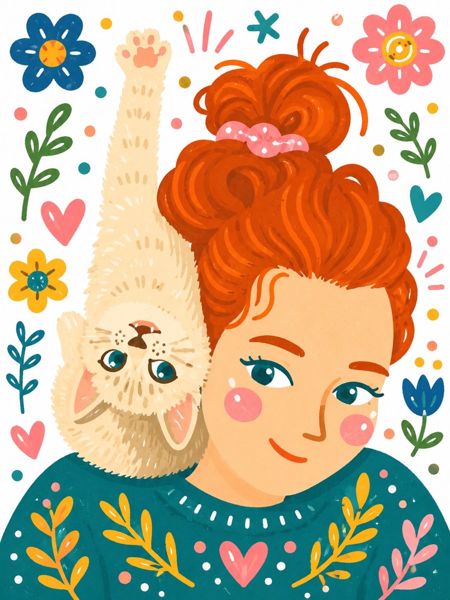 Whimsical Hand-Painted Girl with Kitten Illustration AI image template preview