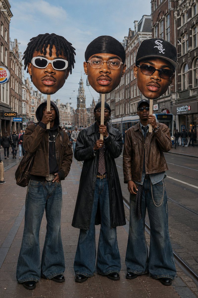 Surreal Fashion Street Scene with Oversized Heads AI image template preview