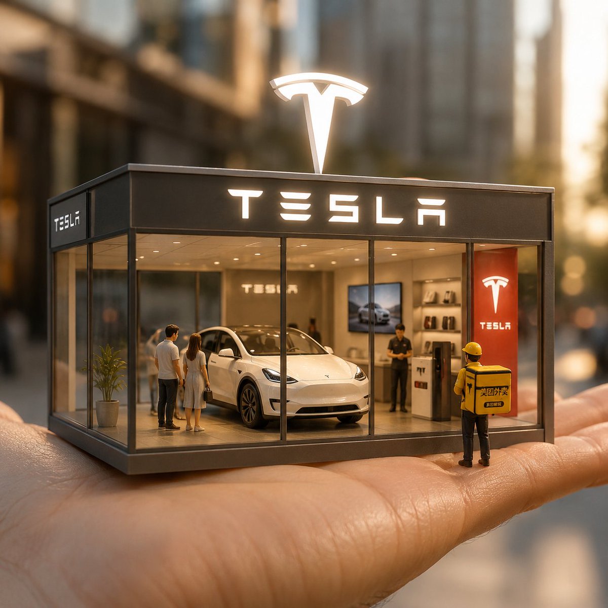 Surreal Miniature Tesla Showroom AI image template preview