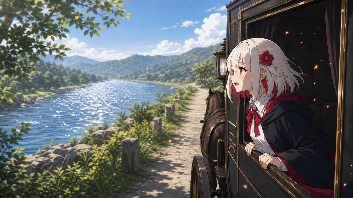 Scarlet Mage Riverside Carriage Journey AI image template preview