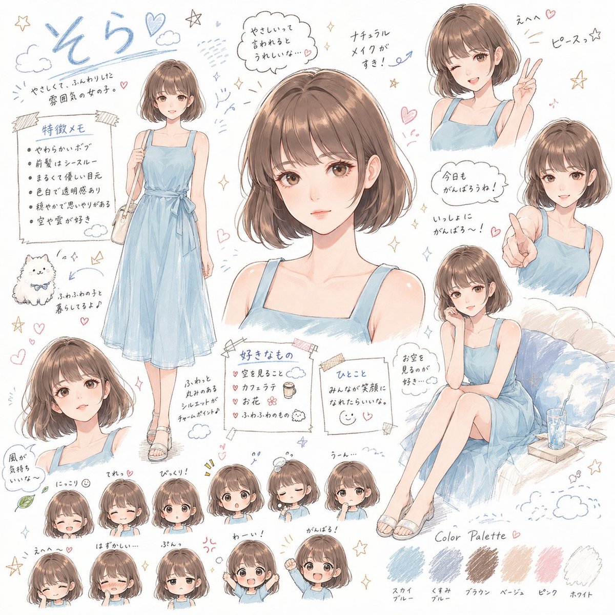 Pastel Bob-Haired Girl Character Sheet AI image template preview