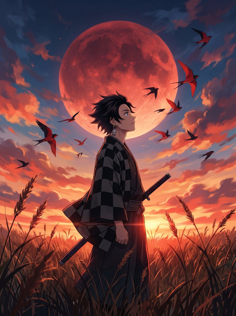 Cinematic Anime Warrior Under Crimson Moon AI image template preview