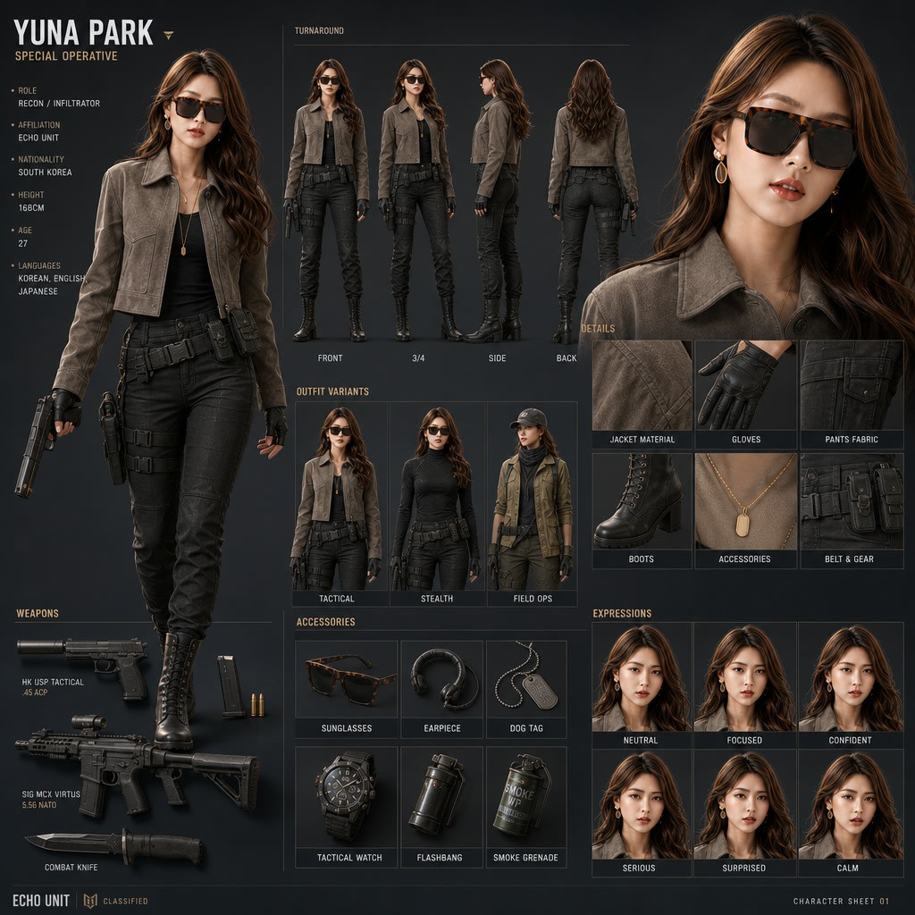 Yuna Park Tactical Character Sheet AI image template preview