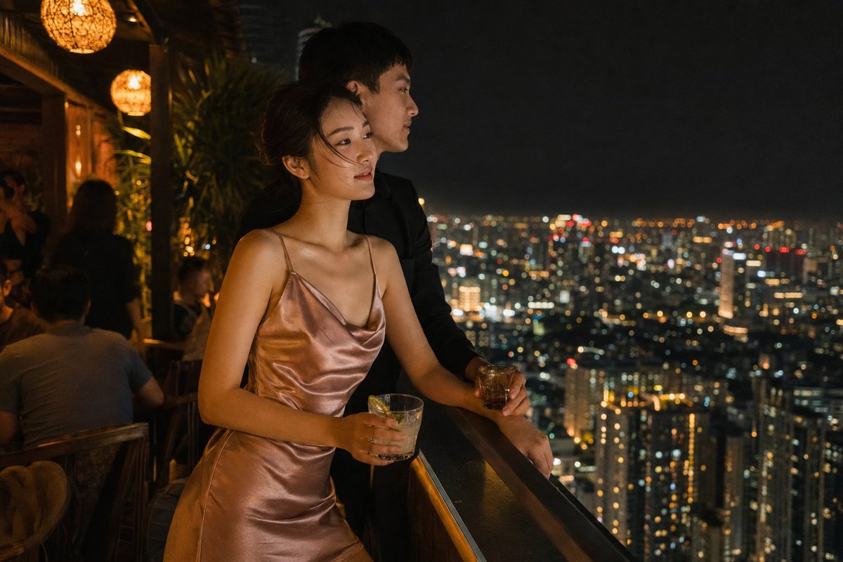 Rooftop Bar Night Cityscape Couple AI image template preview