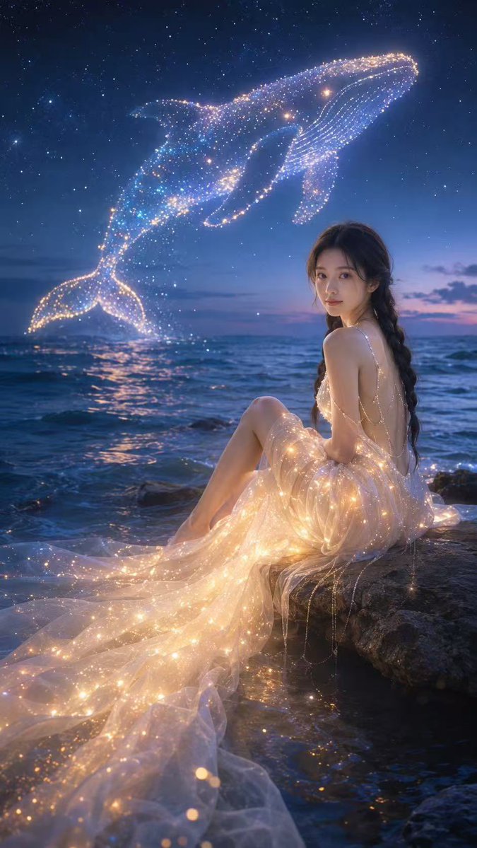 Starlit Whale Fantasy Seaside Portrait AI image template preview