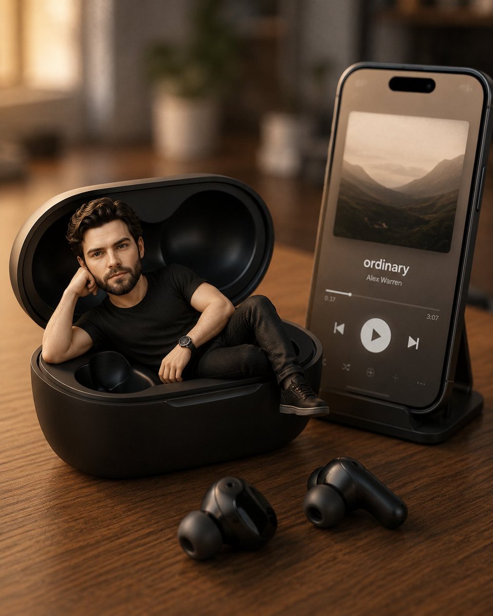 Pixar-Style Earbuds Miniature Scene AI image template preview