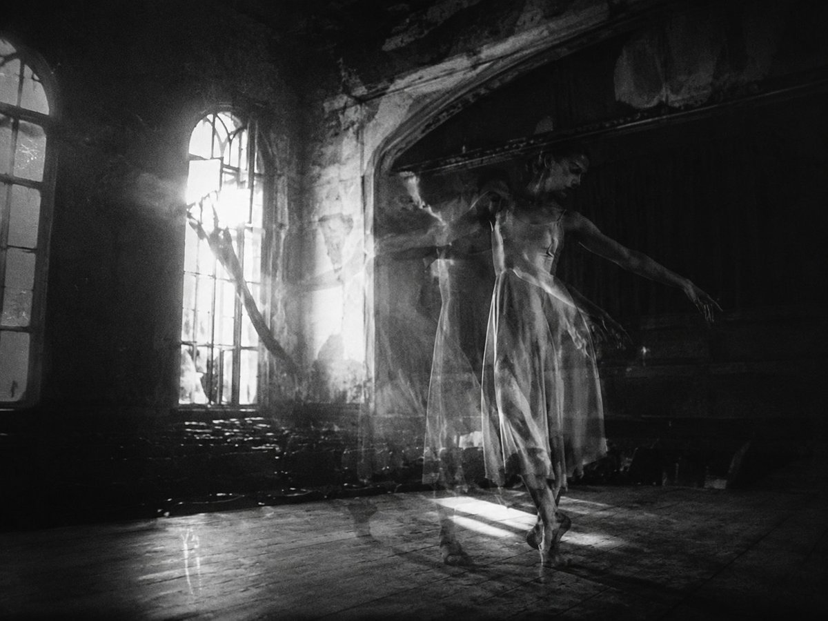 Ghostly Ballerina in Abandoned Theater AI image template preview