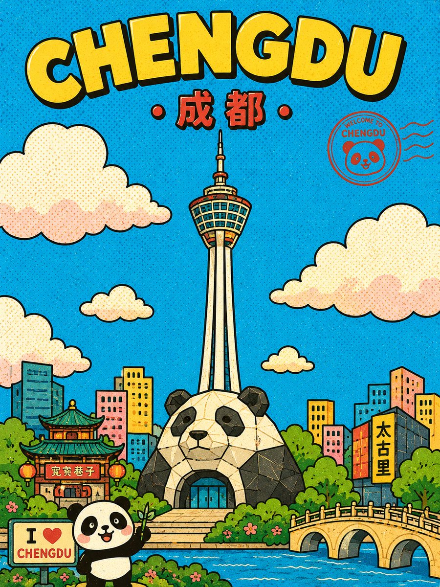 Cute Retro Chengdu Cartoon Poster AI image template preview