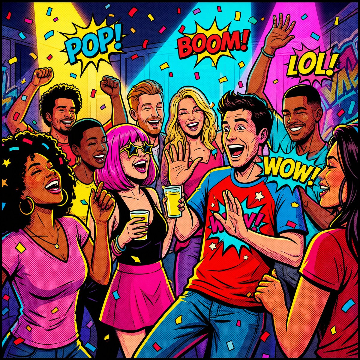 Vibrant Pop Art Party Scene AI image template preview