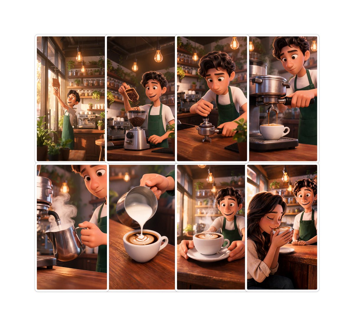 Pixar-Style Coffee Brand Storyboard AI image template preview