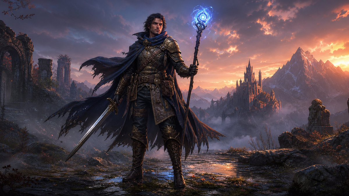 Dark Fantasy Spellblade at Sunset AI image template preview