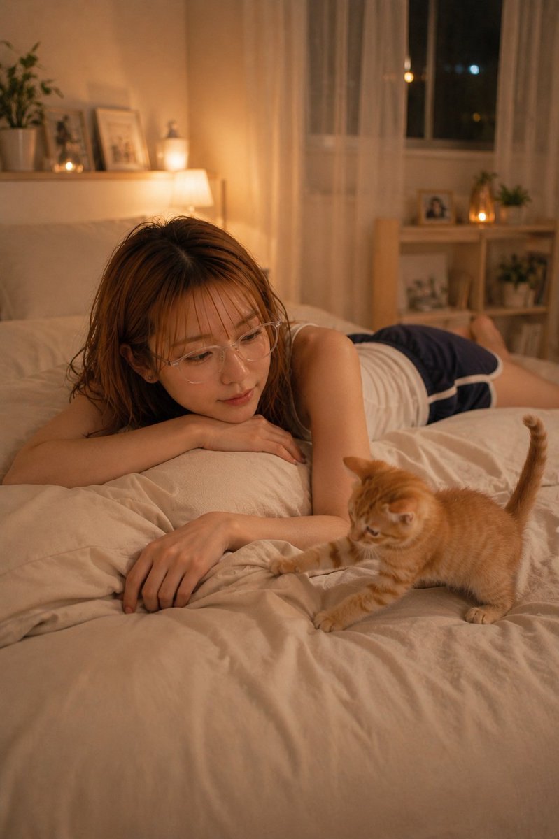 Cozy Night Bedroom With Kitten AI image template preview