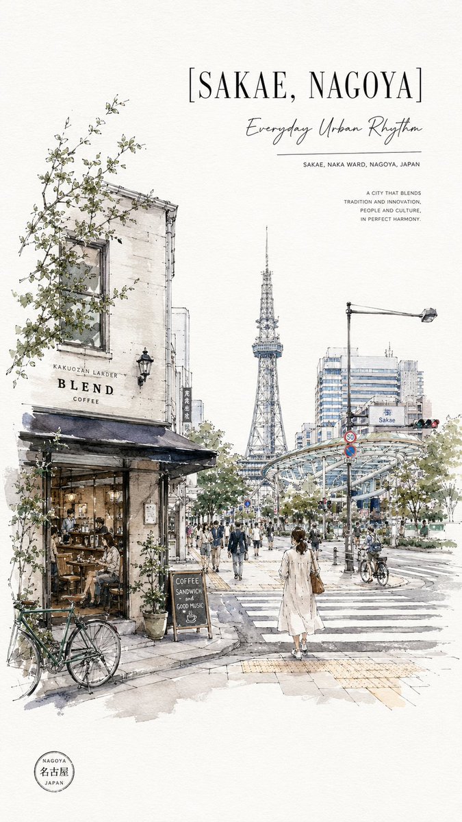 Sakae Nagoya Watercolor Travel Poster AI image template preview