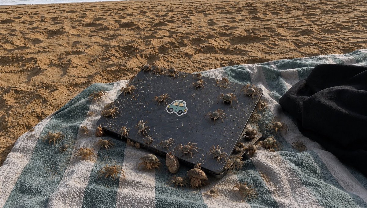 Crowded Crab Beach Laptop Scene AI image template preview