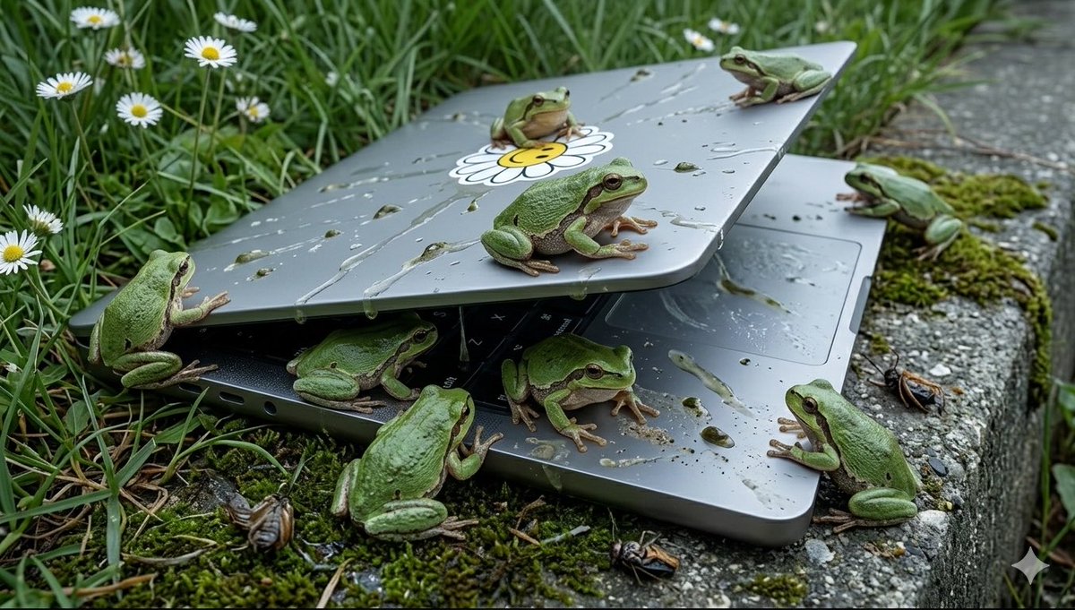 Frogs on a Laptop in Wild Grass example 2