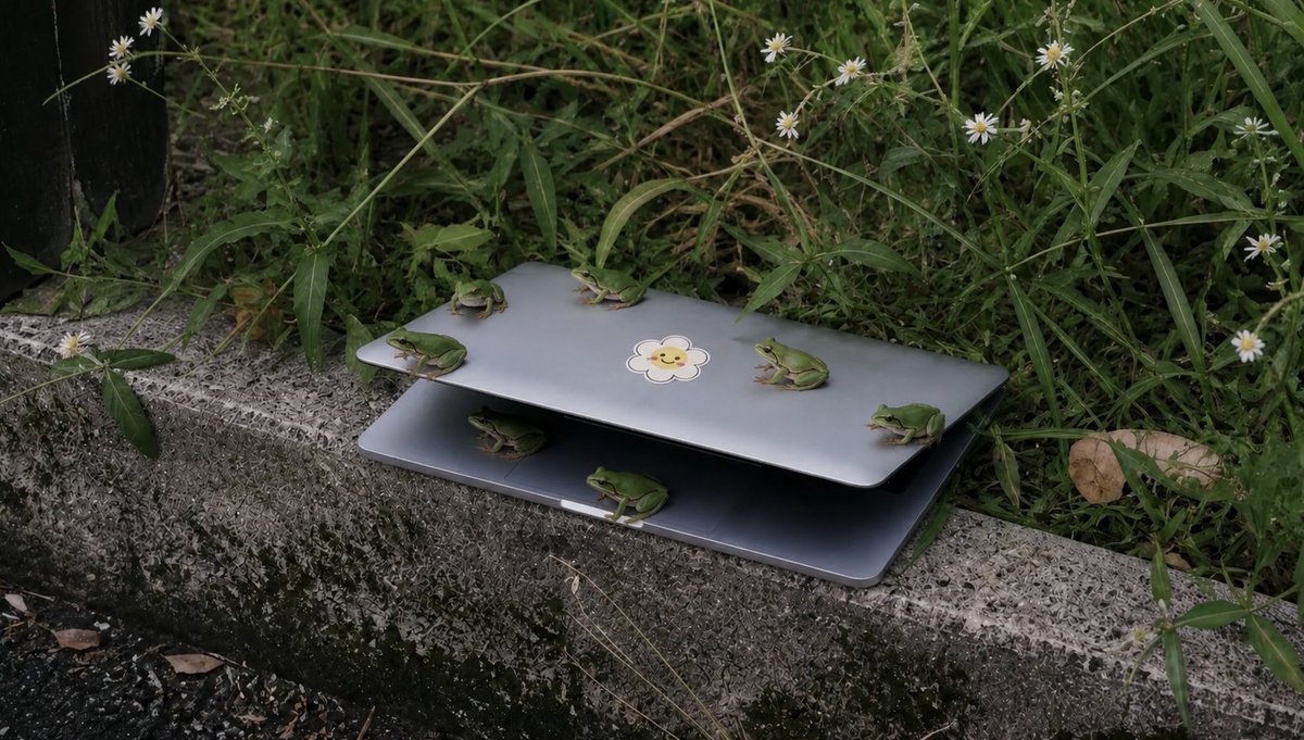 Frogs on a Laptop in Wild Grass AI image template preview