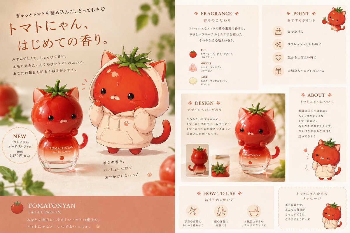 Kawaii Tomato Cat Perfume Flyer AI image template preview