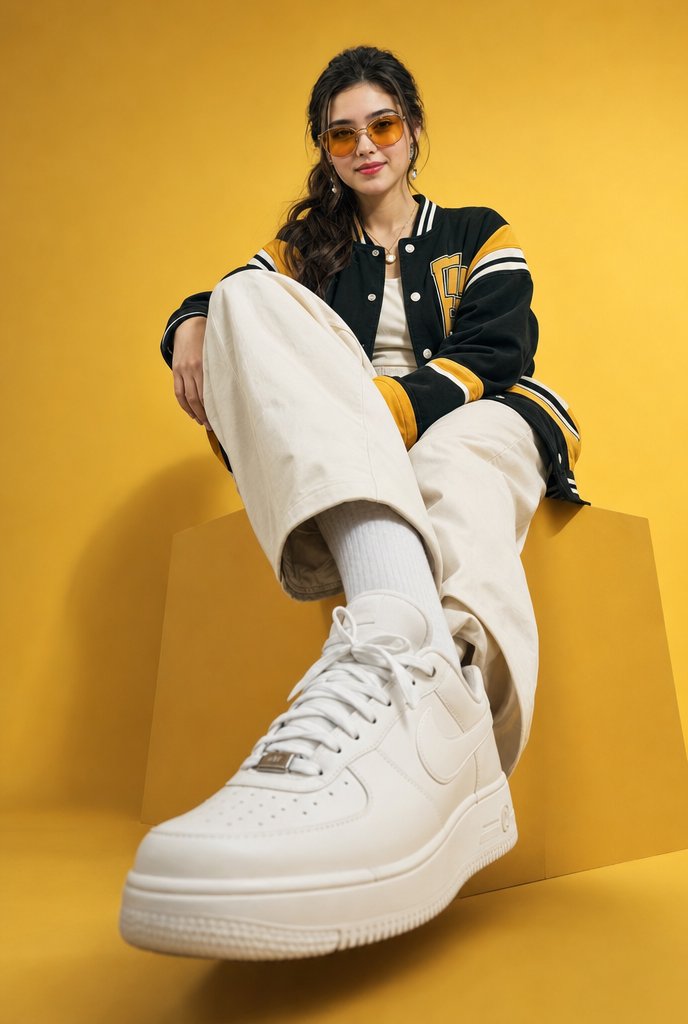 Low-Angle Varsity Fashion Portrait AI image template preview