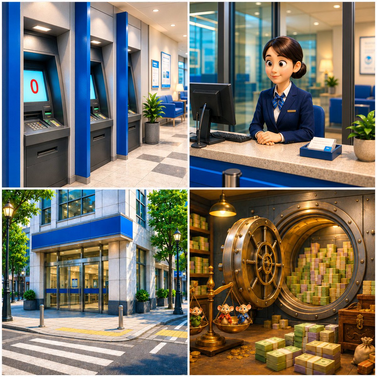Four-Panel Bank World Storyboard AI image template preview