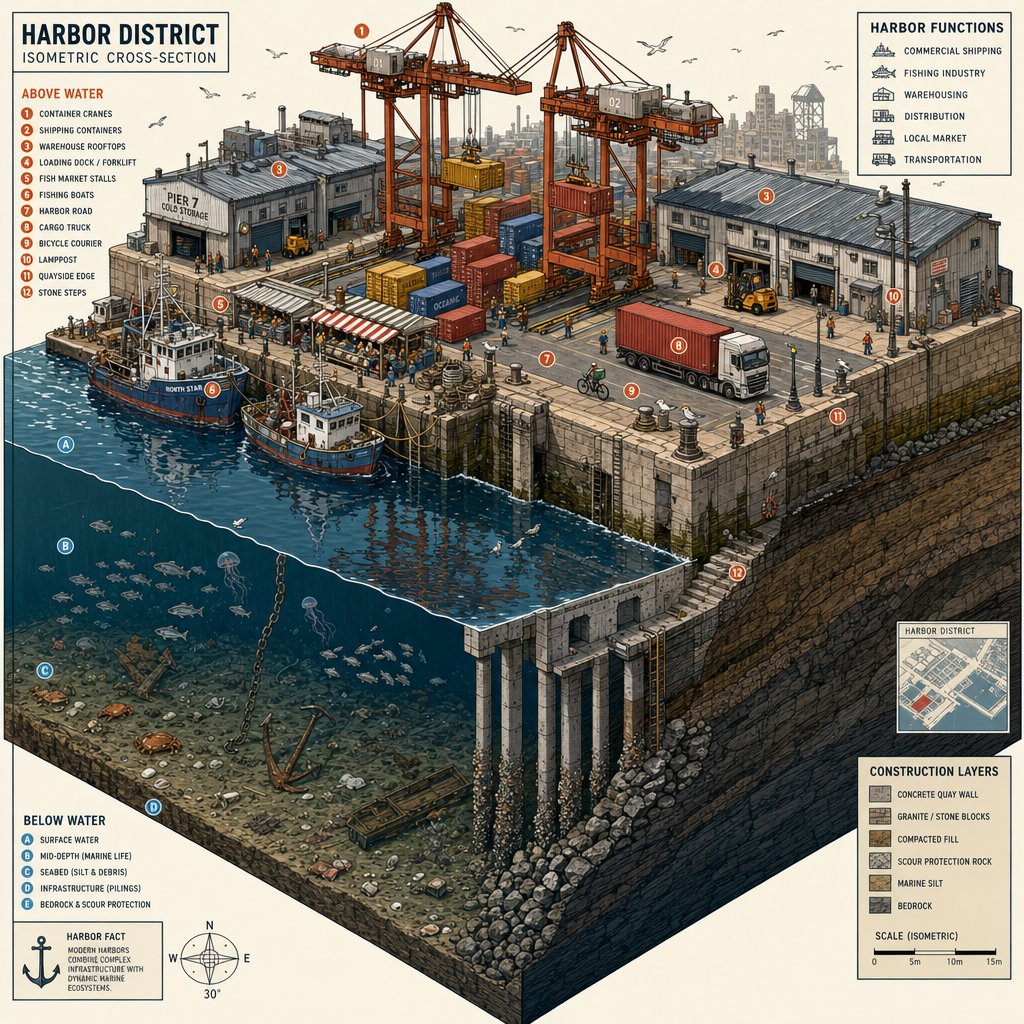 Isometric Harbor District Cross-Section AI image template preview