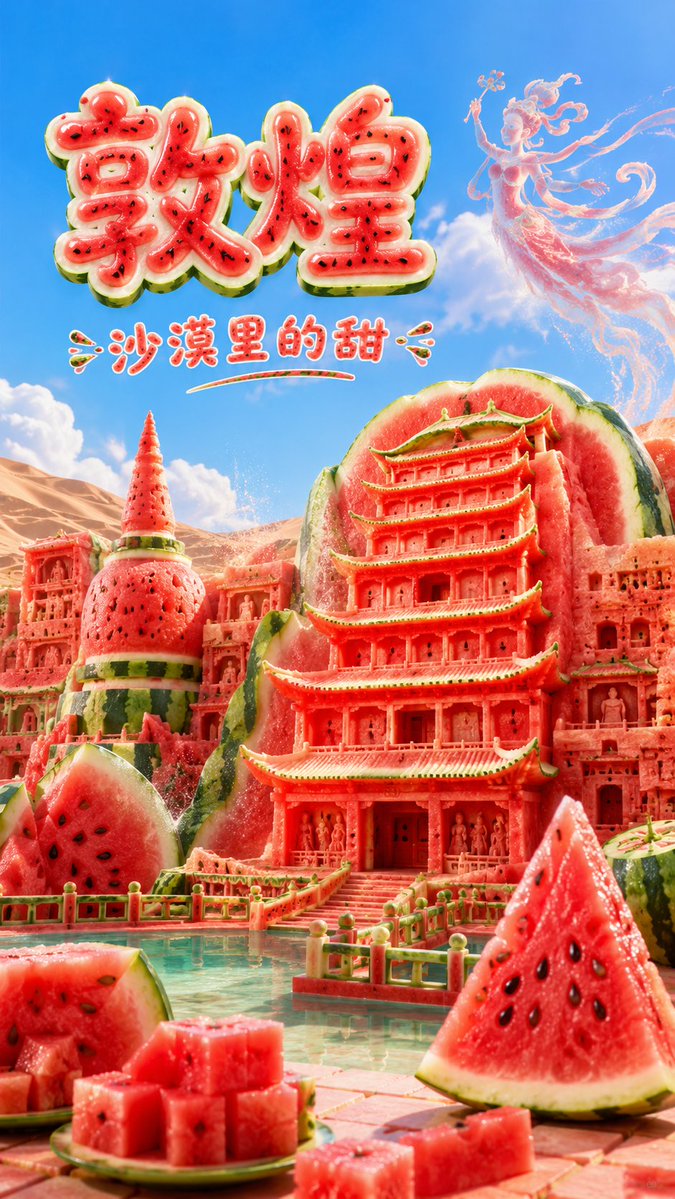 短文版提示词:
生成一张高传播感的 9:16 竖版「西瓜风格城市地标建筑」创意海报。
【用户输入】 AI image template preview