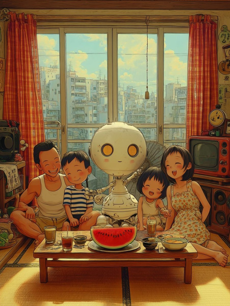 Retro Futuristic Family Fan Robot AI image template preview