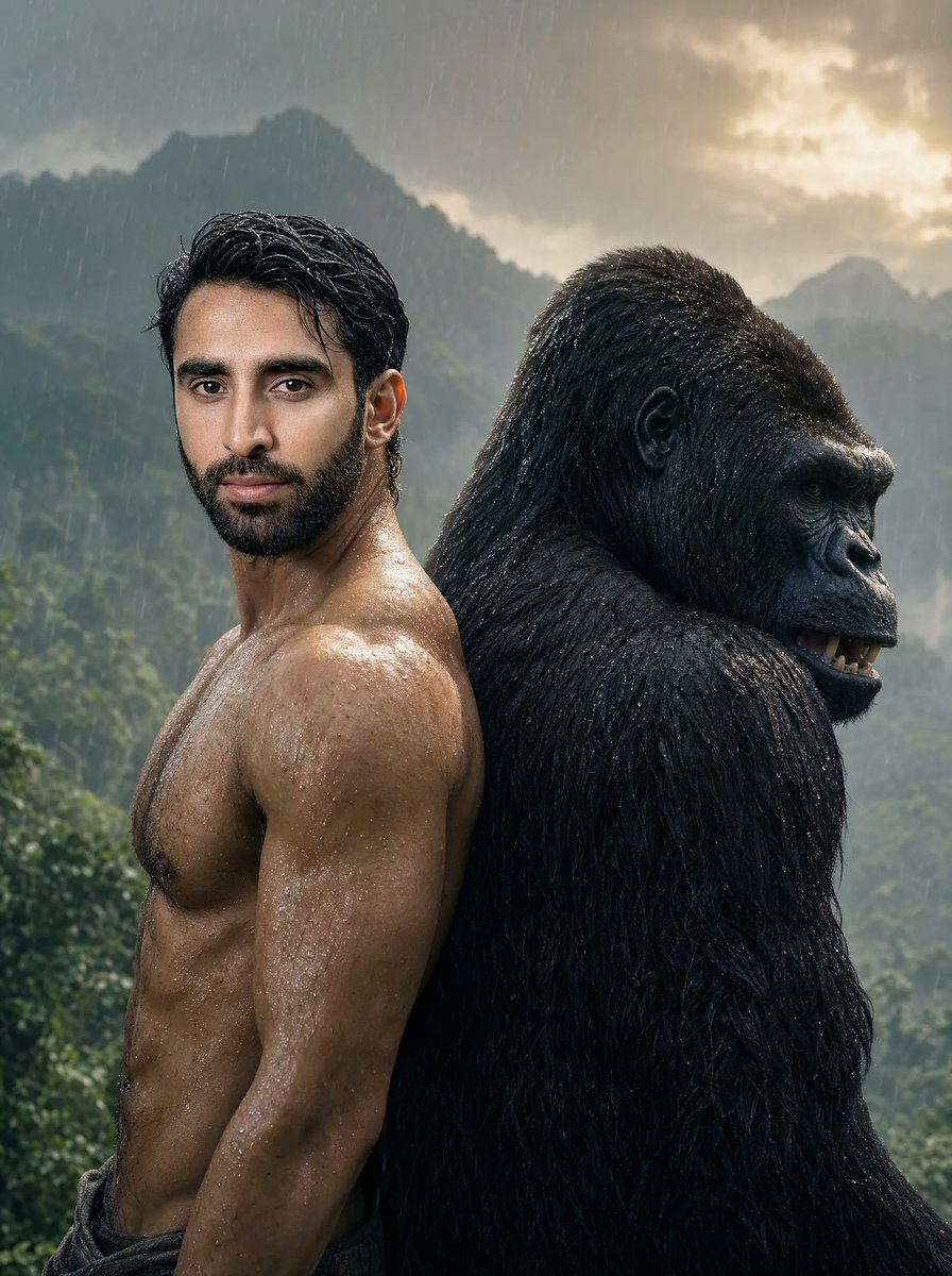 Rainy Jungle Man and Gorilla Portrait AI image template preview