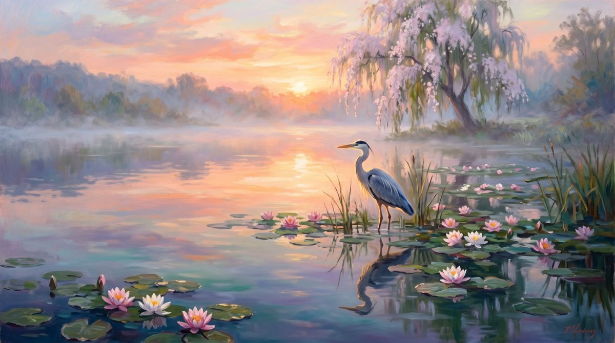 Misty Sunrise Heron Lake AI image template preview